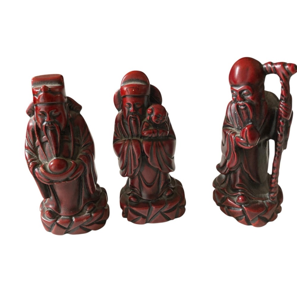 3 Vtg Chinese Wise Men Figures  Sanxing Gods of Three‎ Stars Red Resin 4" Buddha